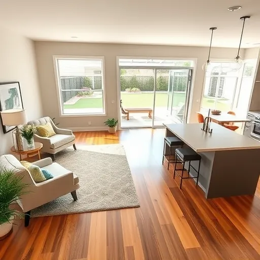 Beautifully renovated Arlington TX living room with modern decor, large windows, cozy reading nook, and open kitchen.
