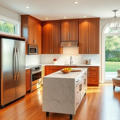 Renovated Rendon TX kitchen with granite countertops, stainless steel appliances, warm wood cabinets, hardwood floors, and large sunny windows