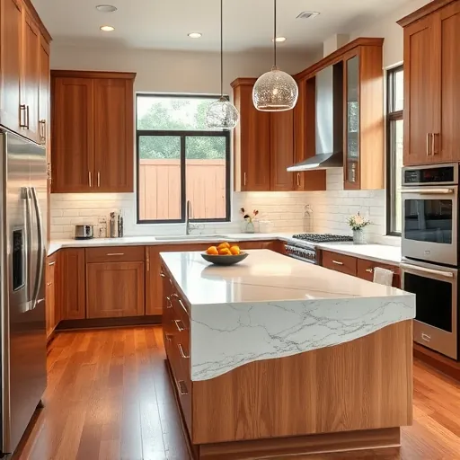 Renovated Northlake Texas kitchen with quartz countertops, stainless steel appliances, custom wood cabinets, marble island, subway tile backsplash, and natural daylight