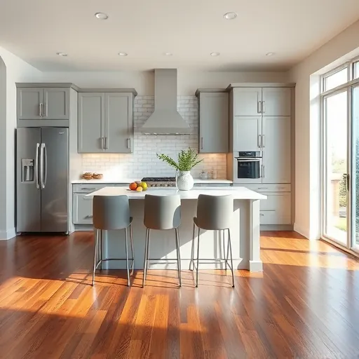 Renovated kitchen in Haslet, TX features gray cabinetry, marble countertops, and elegant subway tile backsplash.