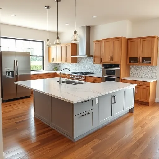 Recently remodeled modern kitchen in Richland Hills TX with granite countertops, stainless appliances, custom cabinetry, large island, pendant lights, mosaic backsplash, hardwood floors, and natural light.