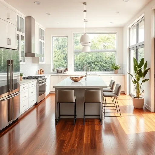 Modern Bedford TX kitchen remodel features quartz countertops, custom cabinetry, and natural light from large windows.