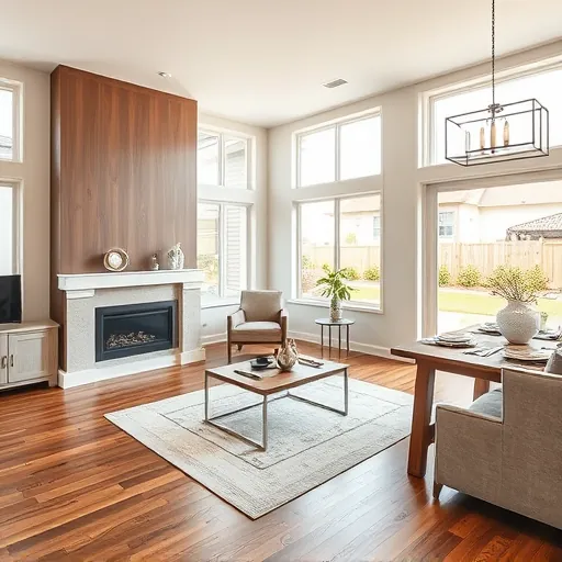 Modern living room in Haltom City, TX, with hardwood floors, sleek fireplace, and inviting decor, featuring dining area.