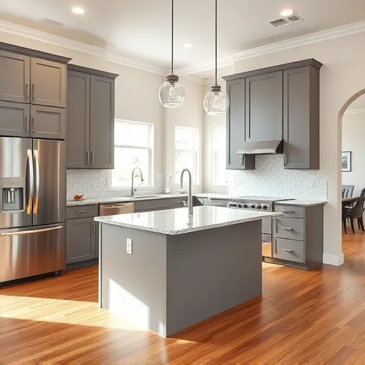 Completed modern kitchen remodel in Kennedale TX with sleek cabinetry, stainless steel appliances, granite island, hardwood floors and natural light