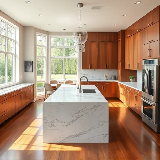 Renovated Fort Worth kitchen with granite counters stainless steel appliances custom wood cabinets marble island hardwood floors lush backyard view