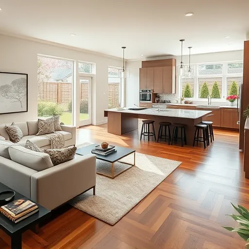 Modern living room in Crowley TX showing sleek furniture, natural light, and elegant decor with lush backyard view.