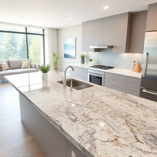 Modern kitchen with a polished quartz countertop, sleek cabinetry, stainless steel appliances, and cityscape view in Fort Worth