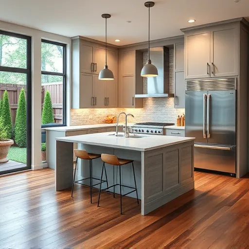 Renovated Northlake Texas kitchen with sleek matte cabinets, stainless steel appliances, quartz countertops, hardwood floors and large windows