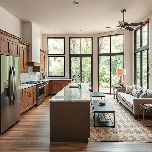 Modern kitchen remodel in Argyle TX with sleek appliances, granite island, custom cabinets, and cozy living area.