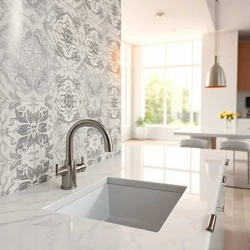Bright modern Fort Worth kitchen with glossy neutral ceramic tiled backsplash in herringbone pattern, granite countertops, and stainless steel appliances