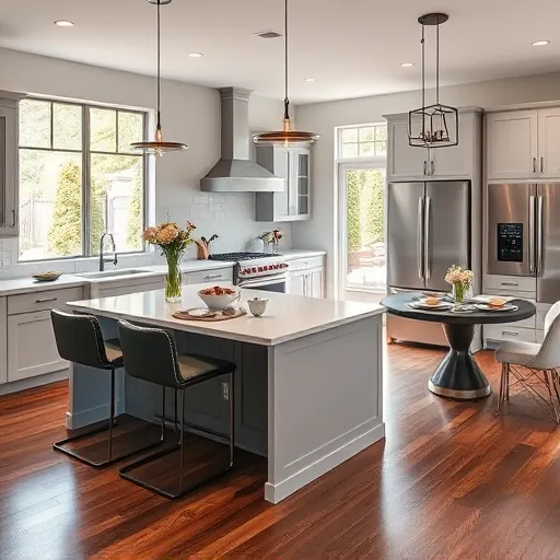 Modern kitchen remodel in Forest Hill TX with sleek quartz countertops, gray cabinetry, and hardwood flooring.