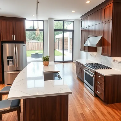 Modern renovated Mansfield TX kitchen with quartz countertops, dark wood cabinets, stainless steel appliances, and natural light
