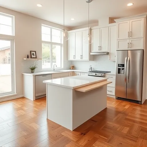 Recently remodeled modern kitchen in Haslet TX with sleek cabinetry quartz countertops stainless steel appliances hardwood flooring and subway tile backsplash