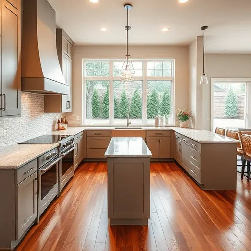 Completed modern kitchen in Hurst TX featuring granite countertops, matte cabinets, stainless steel double oven, marble island, hardwood floors, and large windows