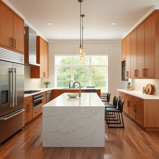 Beautiful renovated modern kitchen in Burleson Texas with sleek cabinetry, stainless steel appliances, quartz countertops, and hardwood floors