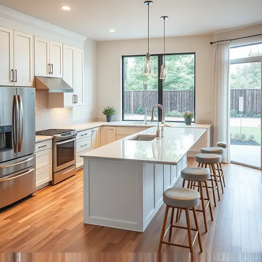 Modern kitchen remodel in Grand Prairie TX with white cabinets, quartz island, stainless appliances, and cozy dining area.