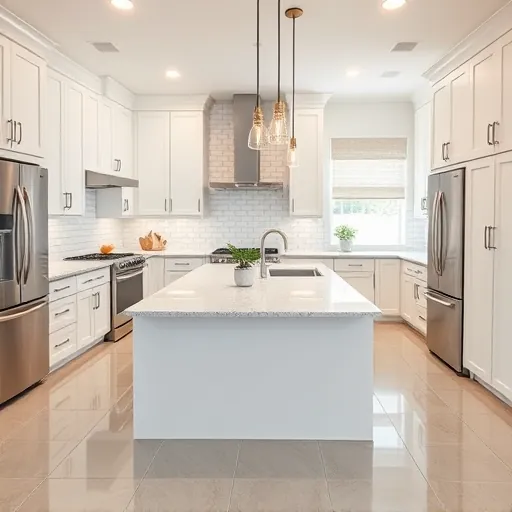 Newly remodeled contemporary kitchen in White Settlement TX with white cabinets granite countertops stainless steel appliances central island pendant lighting tiled floor subway backsplash natural light decorative accents