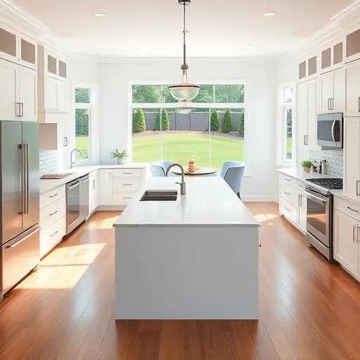 Modern renovated kitchen in Bedford TX featuring white cabinets, marble island, stainless steel appliances, and natural light.