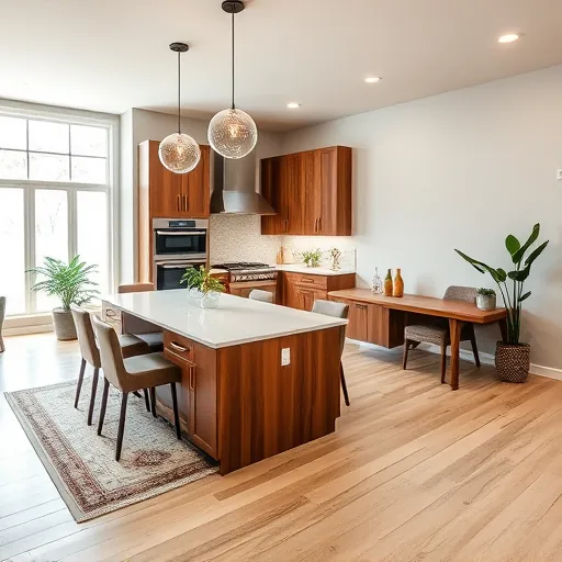 Modern kitchen remodel in Azle TX with walnut cabinetry, quartz island, pendant lights, and rustic dining area.