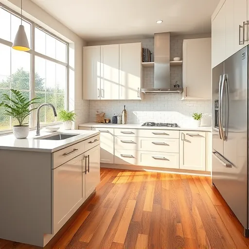 Modern renovated living room with hardwood floors, neutral furniture, large windows, and open kitchen in Fort Worth Texas