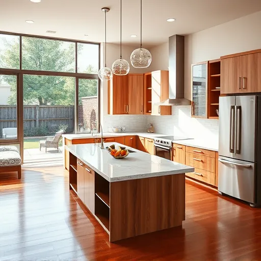 Bright remodeled Euless Texas kitchen with quartz countertops stainless steel appliances warm wood cabinets marble island hardwood floors and natural light