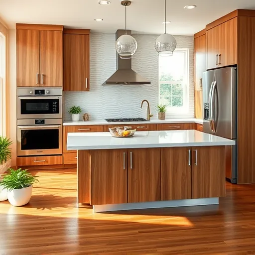 Renovated modern kitchen in Weatherford TX with wood cabinetry quartz countertops stainless steel appliances island hardwood floor and natural lighting