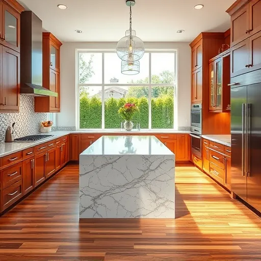 Modern kitchen renovation in Fort Worth TX with quartz countertops, warm cabinets, stainless steel appliances, and hardwood floors.