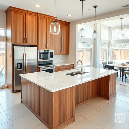 Recently remodeled kitchen in Everman TX with modern warm wood cabinets stainless appliances quartz island subway tile backsplash tiled floor natural light spacious and organized