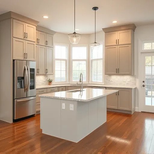 Contemporary kitchen in Colleyville TX featuring matte cabinets stainless appliances granite island pendant lighting hardwood floor and natural light