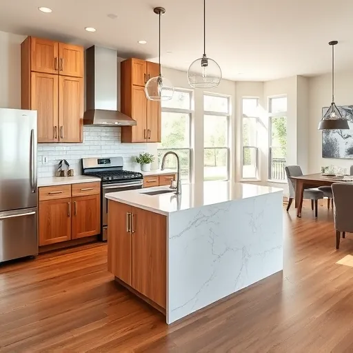 Modern remodeled kitchen in Weatherford TX with wooden cabinets stainless steel appliances marble island hardwood floors and natural light
