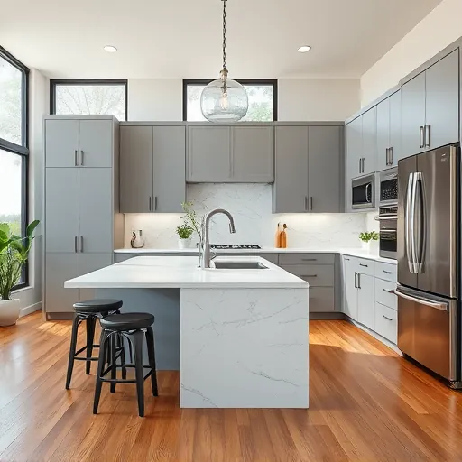 Modern Lake Worth TX kitchen with gray cabinets quartz countertops stainless steel appliances hardwood floors and natural light