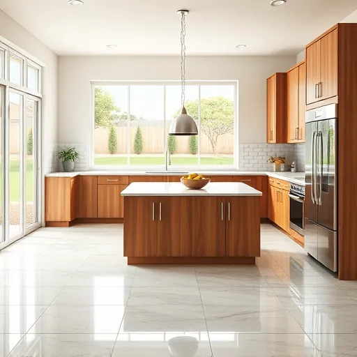 Modern kitchen in Kennedale Texas with wood cabinets quartz countertops stainless steel appliances and backyard view