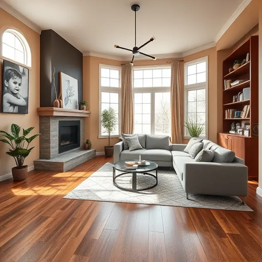 Spacious living room in Roanoke TX features wooden flooring, beige walls, contemporary furniture, and a cozy fireplace.