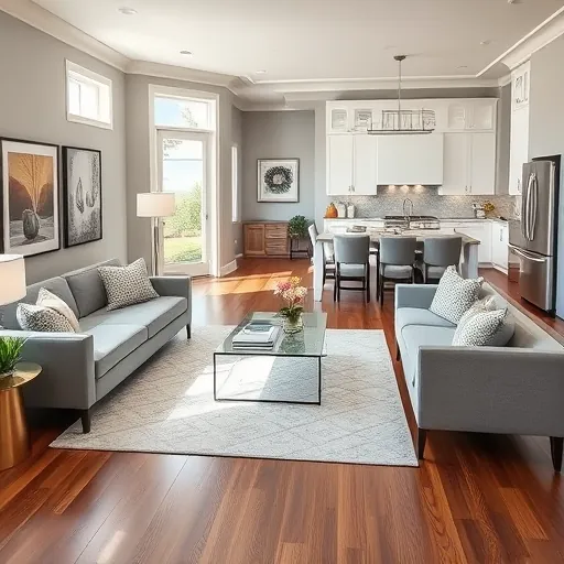 Modern living room in Corinth TX featuring soft grays and whites, elegant furniture, and a sleek kitchen area with quartz countertops.