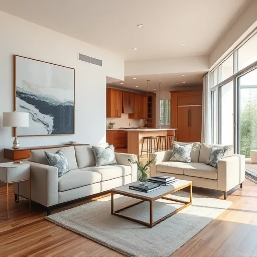 Modern living room in Highland Village TX with elegant decor, natural light, and sophisticated kitchen design.