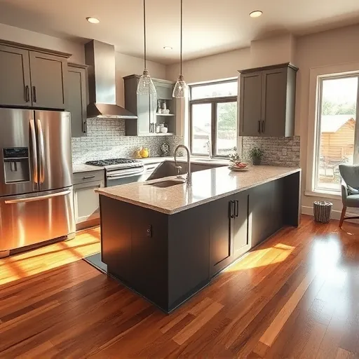 Recently remodeled Everman Texas kitchen with modern matte cabinetry stainless steel appliances granite countertops hardwood flooring and open concept design