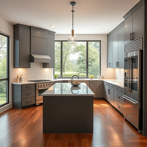 Remodeled Bedford TX kitchen with sleek matte cabinets, granite island, stainless steel appliances, and natural light