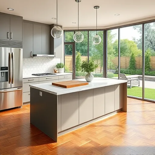 Renovated River Oaks TX kitchen with modern matte cabinets quartz countertops stainless steel appliances hardwood floors and panoramic backyard view