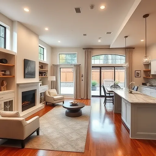 Stylish Hurst TX living room featuring modern fireplace, built-in shelves, large windows, and seamless kitchen layout.