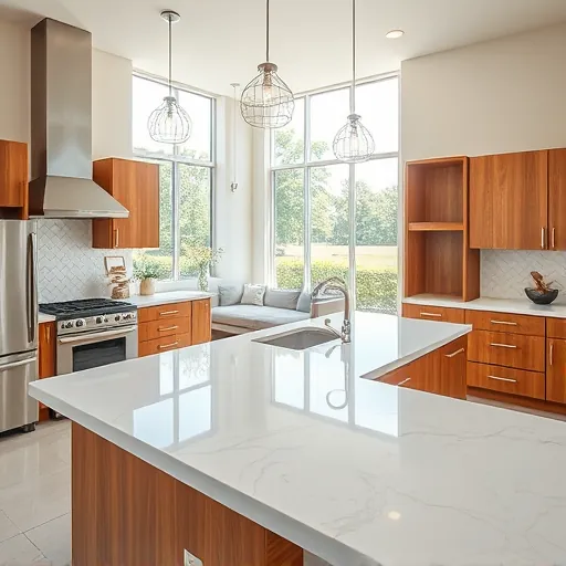 Modern upscale kitchen in Fort Worth with a polished quartz island, high-end wood cabinetry, stainless steel appliances, and natural light.