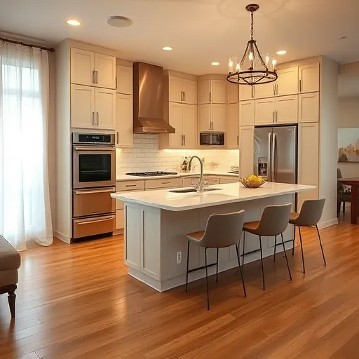 Modern grand prairie kitchen with taupe and white cabinets, marble island, stainless steel appliances, subway tile backsplash, hardwood floors, and natural light