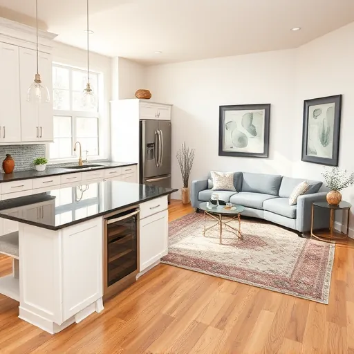 Modern kitchen and living room in Saginaw TX featuring white cabinetry, granite countertops, and tasteful decor.