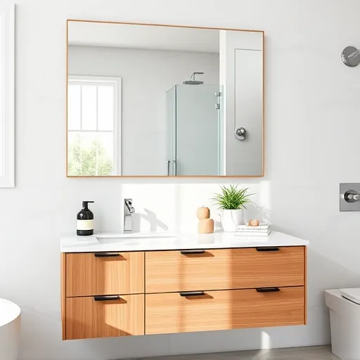 Beautyfully designed bathroom vanity with wooden cabinet, marble top, modern fixtures, large mirror, natural light, elegant tiles, and decor