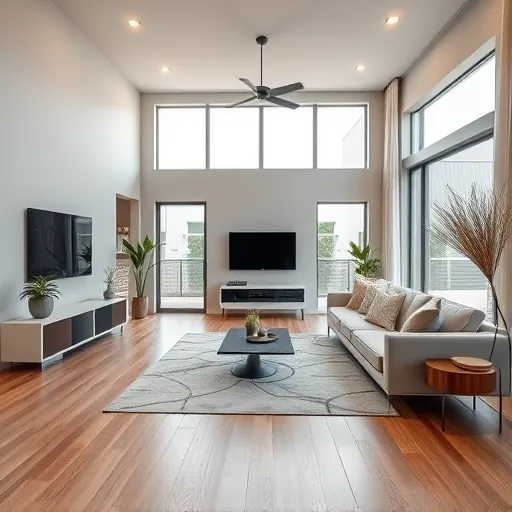 Modern living room remodel in Rendon TX featuring gray walls, wooden floors, sleek furniture, and natural light.