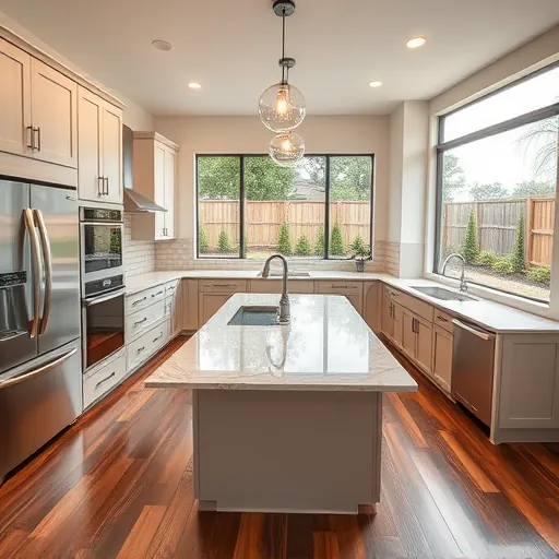 Remodeled modern kitchen in Hurst TX with granite countertops, matte cabinetry, stainless steel appliances, marble island, and hardwood floors