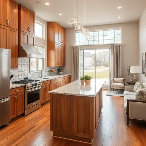 Modern Colleyville kitchen with wood cabinets granite countertops stainless steel appliances and hardwood flooring