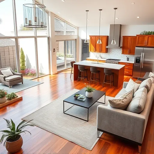 Modern open-concept kitchen and living space in Westworth Village with sleek appliances and rich wooden cabinetry.