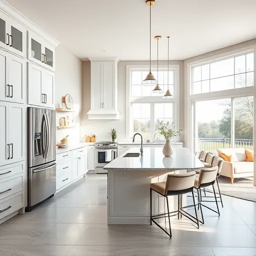 Stylish modern kitchen in Kennedale TX with white cabinetry, granite island, and natural light highlighting elegant decor.