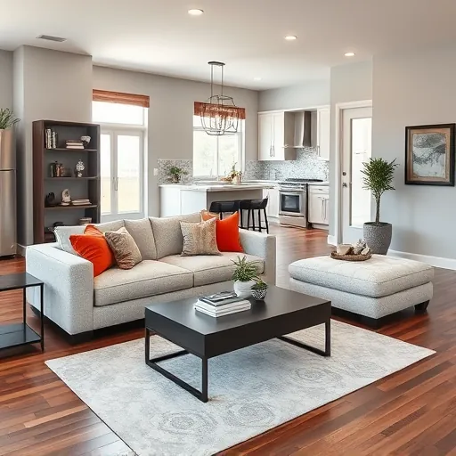 Stylish living room in Kennedale TX with gray walls, light sofa, hardwood floors, and modern kitchen backdrop.