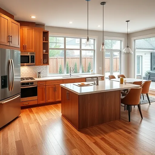 Remodeled Fort Worth kitchen with modern wood cabinets stainless appliances marble island tile backsplash hardwood floors and natural light